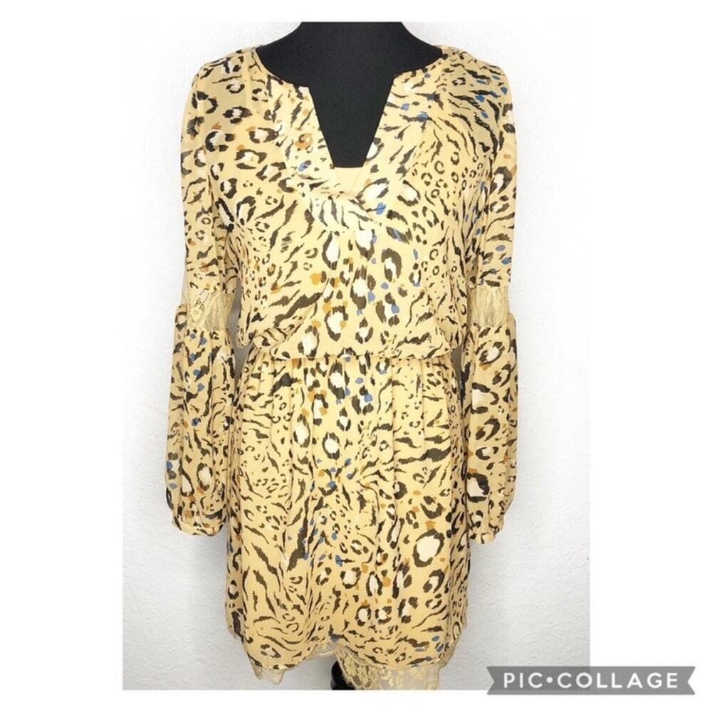 WHBM golden tan leopard animal print lace trim blouson dress size 12